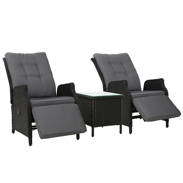 Gardeon 3Pc Recliner Chairs Table Sun Lounge Outdoor Furniture Wicker Adjustable Black Loungers