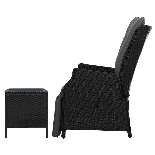 Gardeon 3Pc Recliner Chairs Table Sun Lounge Outdoor Furniture Wicker Adjustable Black Loungers