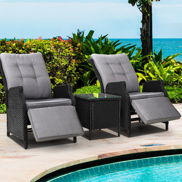 Gardeon 3Pc Recliner Chairs Table Sun Lounge Outdoor Furniture Wicker Adjustable Black Loungers