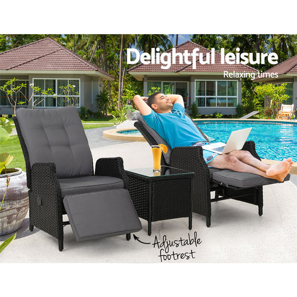 Gardeon 3Pc Recliner Chairs Table Sun Lounge Outdoor Furniture Wicker Adjustable Black Loungers