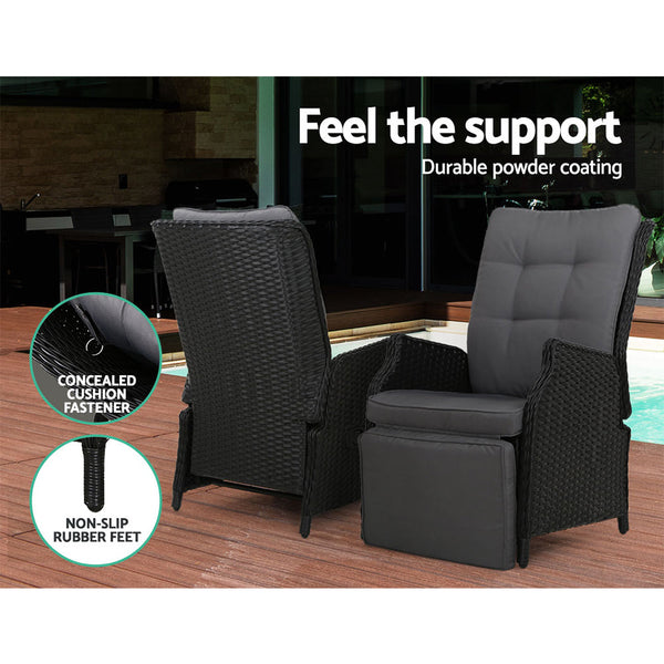 Gardeon 3Pc Recliner Chairs Table Sun Lounge Outdoor Furniture Wicker Adjustable Black Loungers