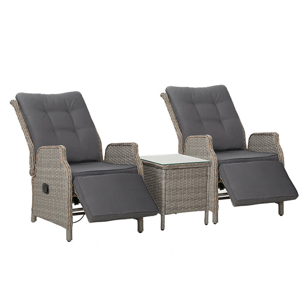 Gardeon 3Pc Recliner Chairs Table Sun Lounge Outdoor Furniture Wicker Adjustable Grey Loungers