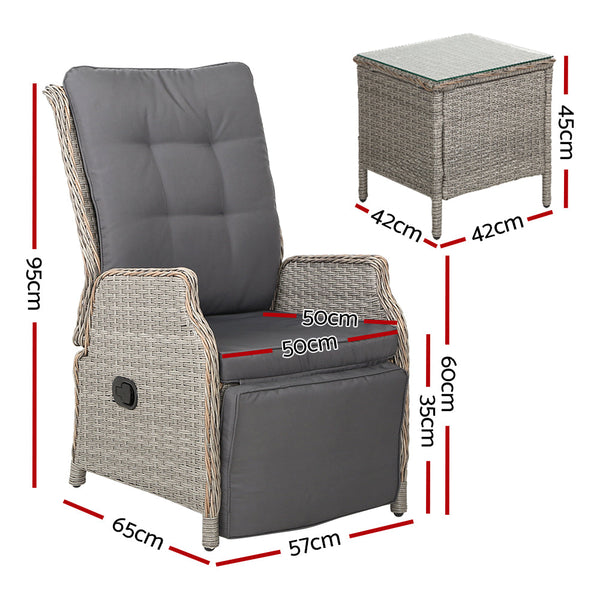 Gardeon 3Pc Recliner Chairs Table Sun Lounge Outdoor Furniture Wicker Adjustable Grey Loungers