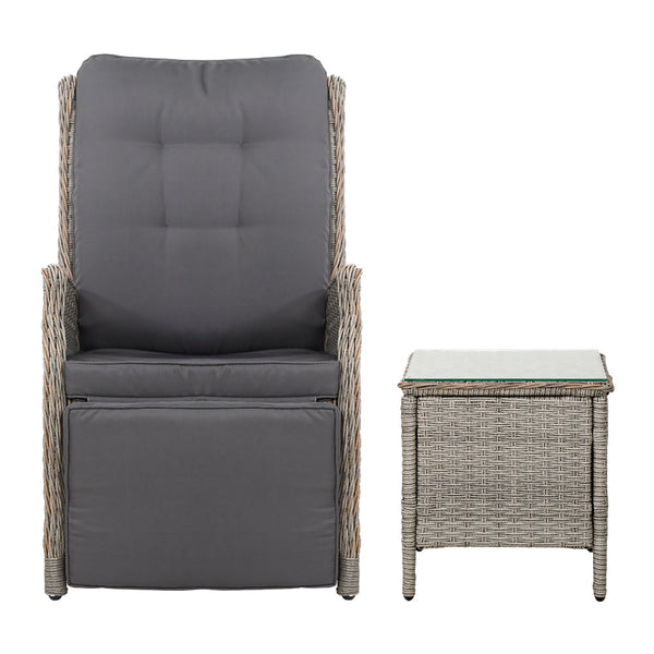 Gardeon 3Pc Recliner Chairs Table Sun Lounge Outdoor Furniture Wicker Adjustable Grey Loungers