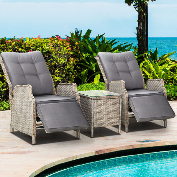 Gardeon 3Pc Recliner Chairs Table Sun Lounge Outdoor Furniture Wicker Adjustable Grey Loungers