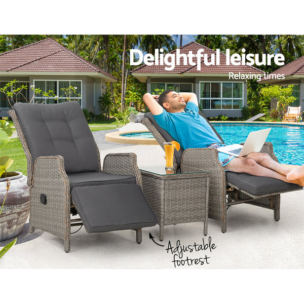 Gardeon 3Pc Recliner Chairs Table Sun Lounge Outdoor Furniture Wicker Adjustable Grey Loungers