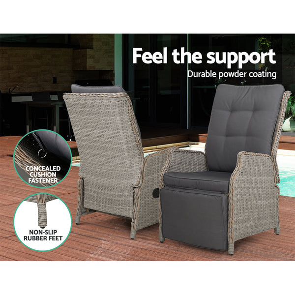 Gardeon 3Pc Recliner Chairs Table Sun Lounge Outdoor Furniture Wicker Adjustable Grey Loungers