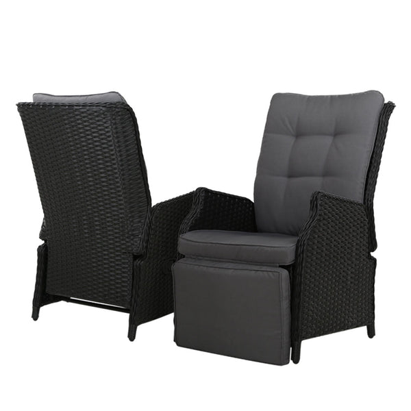 Gardeon 2Pc Recliner Chairs Sun Lounge Wicker Lounger Outdoor Furniture Adjustable Black Patio Chairs