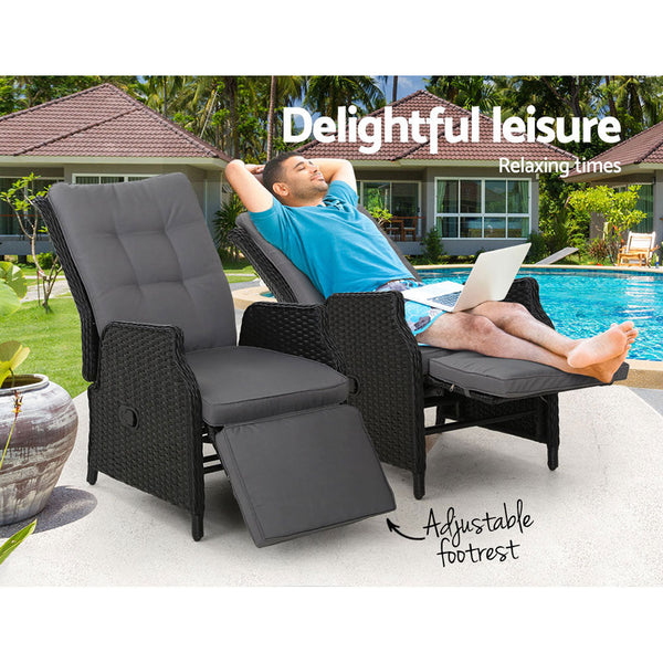 Gardeon 2Pc Recliner Chairs Sun Lounge Wicker Lounger Outdoor Furniture Adjustable Black Patio Chairs