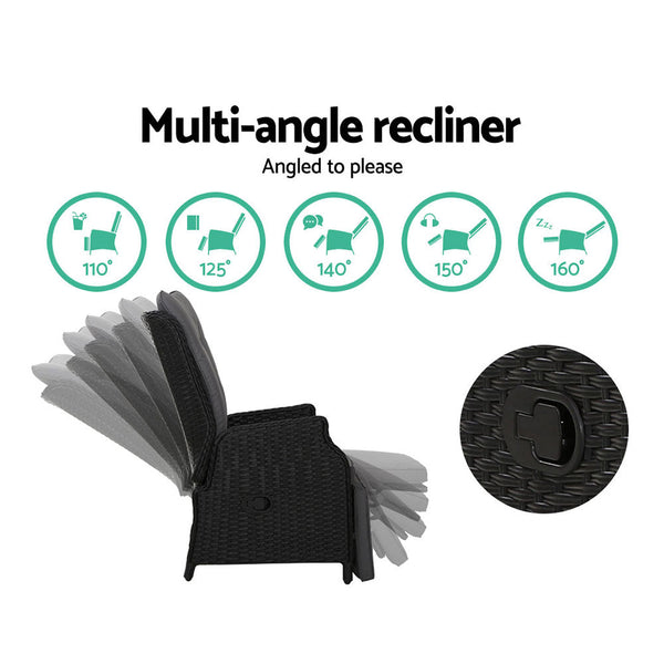 Gardeon 2Pc Recliner Chairs Sun Lounge Wicker Lounger Outdoor Furniture Adjustable Black Patio Chairs