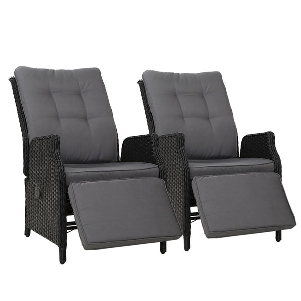 Gardeon 2Pc Recliner Chairs Sun Lounge Wicker Lounger Outdoor Furniture Adjustable Black Patio Chairs
