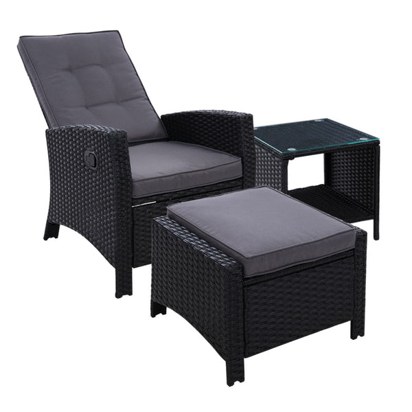 Gardeon 3Pc Recliner Chairs Table Sun Lounge Wicker Outdoor Furniture Adjustable Black Loungers