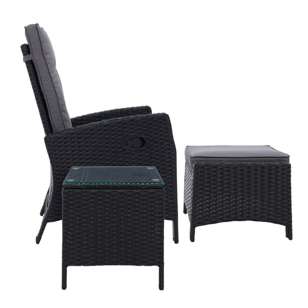 Gardeon 3Pc Recliner Chairs Table Sun Lounge Wicker Outdoor Furniture Adjustable Black Loungers