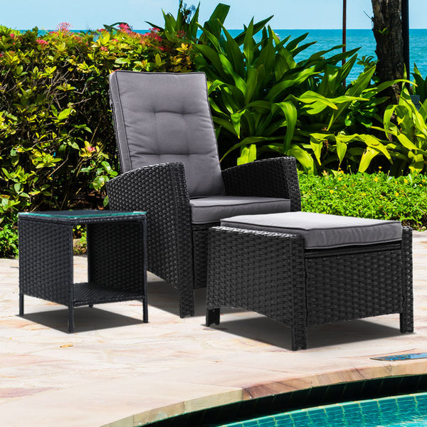 Gardeon 3Pc Recliner Chairs Table Sun Lounge Wicker Outdoor Furniture Adjustable Black Loungers