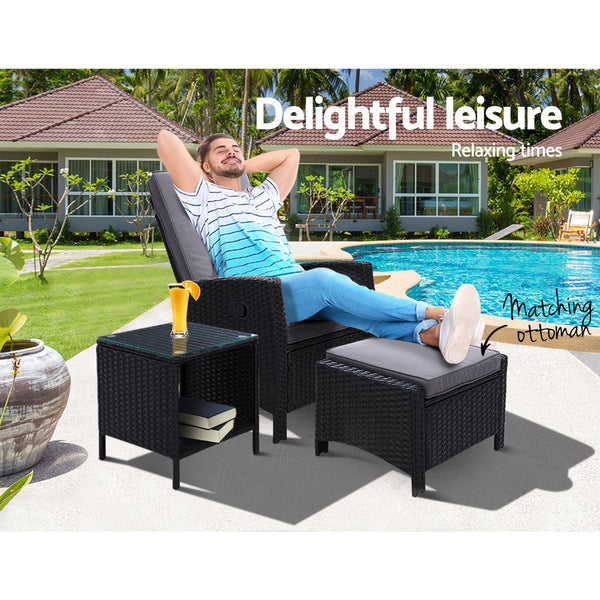 Gardeon 3Pc Recliner Chairs Table Sun Lounge Wicker Outdoor Furniture Adjustable Black Loungers