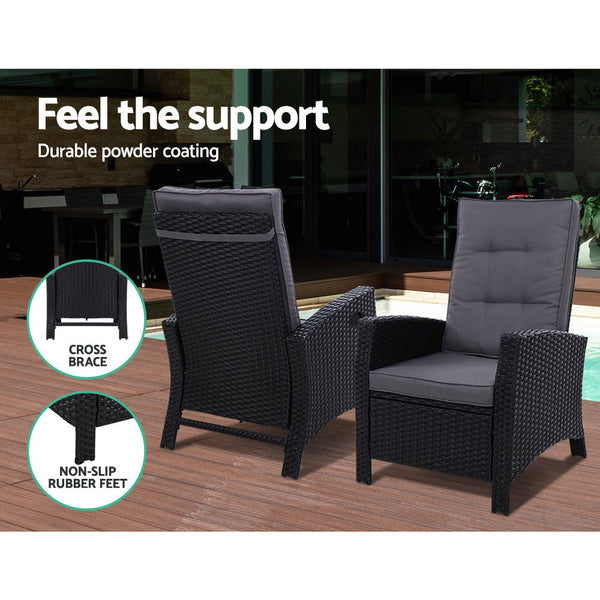 Gardeon 3Pc Recliner Chairs Table Sun Lounge Wicker Outdoor Furniture Adjustable Black Loungers
