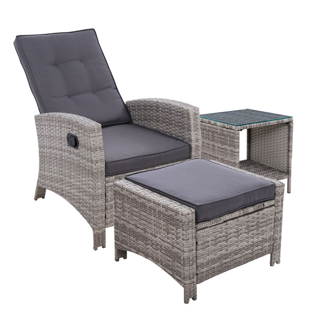 Gardeon 3Pc Recliner Chairs Table Sun Lounge Wicker Outdoor Furniture Adjustable Grey Loungers