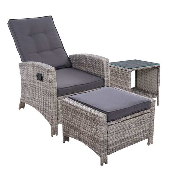 Gardeon 3Pc Recliner Chairs Table Sun Lounge Wicker Outdoor Furniture Adjustable Grey Loungers