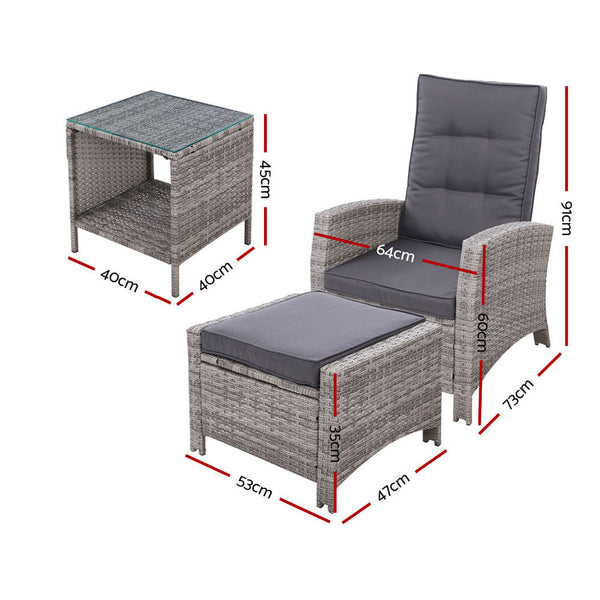Gardeon 3Pc Recliner Chairs Table Sun Lounge Wicker Outdoor Furniture Adjustable Grey Loungers