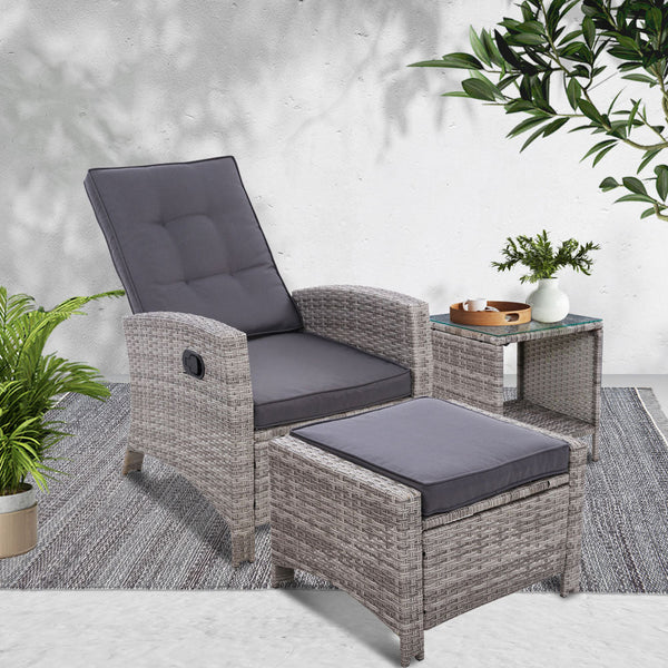 Gardeon 3Pc Recliner Chairs Table Sun Lounge Wicker Outdoor Furniture Adjustable Grey Loungers