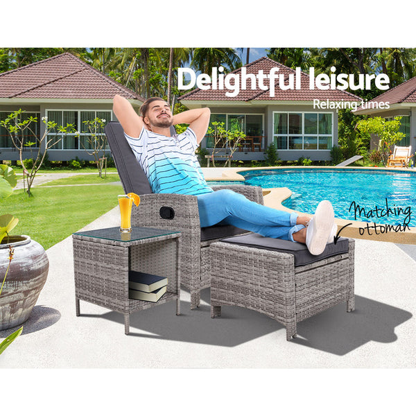 Gardeon 3Pc Recliner Chairs Table Sun Lounge Wicker Outdoor Furniture Adjustable Grey Loungers