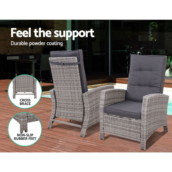 Gardeon 3Pc Recliner Chairs Table Sun Lounge Wicker Outdoor Furniture Adjustable Grey Loungers