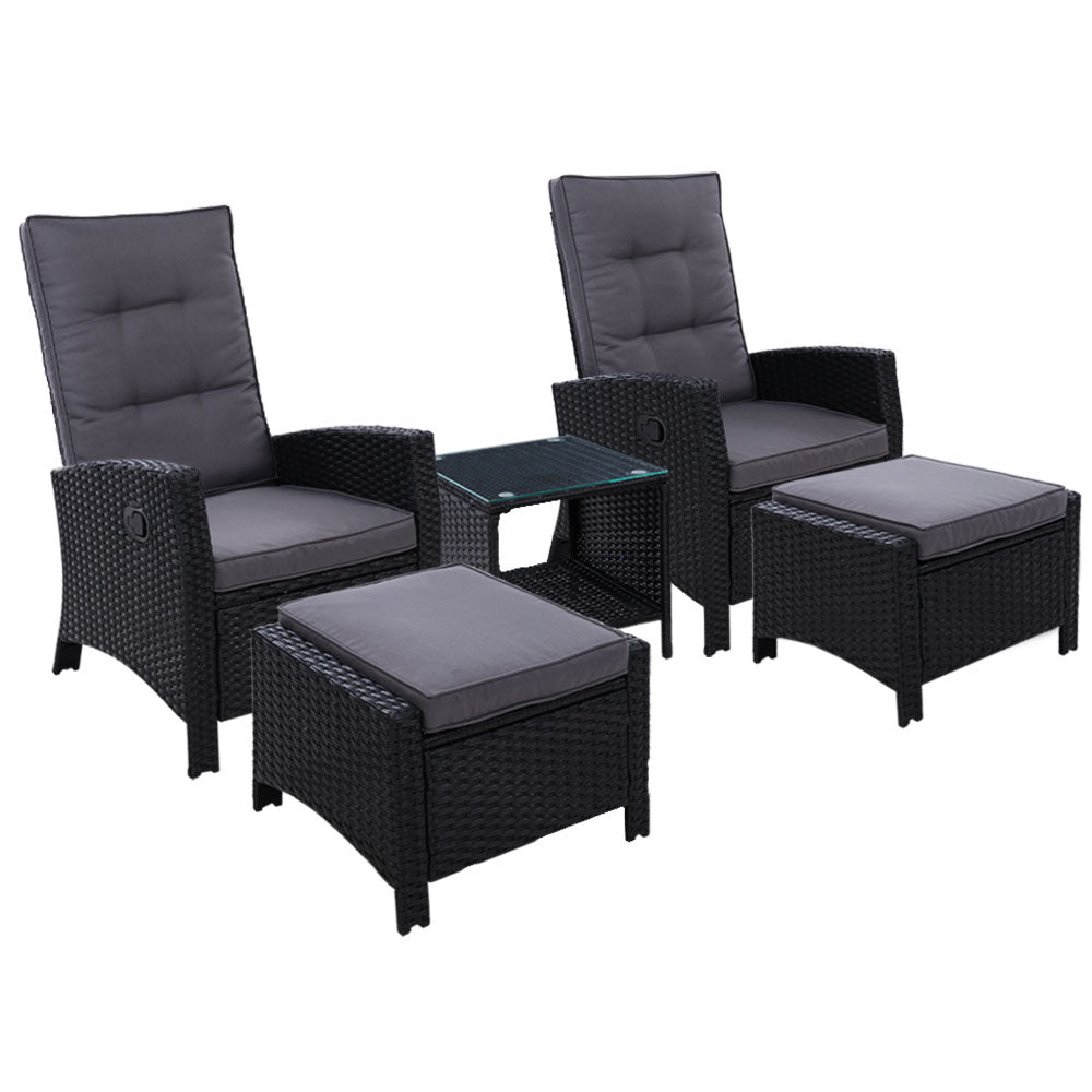 Gardeon 5Pc Recliner Chairs Table Sun Lounge Wicker Outdoor Furniture Adjustable Black Loungers