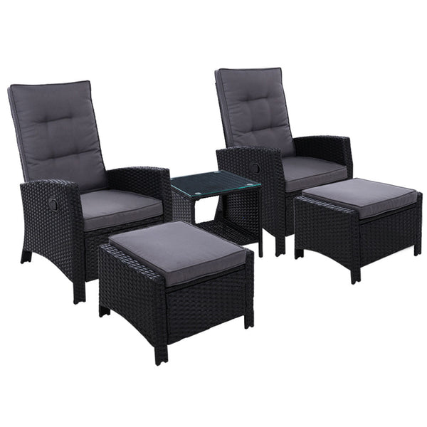 Gardeon 5Pc Recliner Chairs Table Sun Lounge Wicker Outdoor Furniture Adjustable Black Loungers