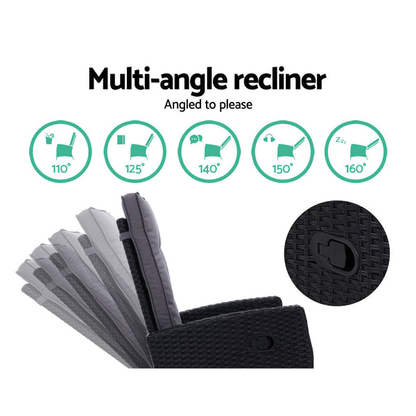 Gardeon 5Pc Recliner Chairs Table Sun Lounge Wicker Outdoor Furniture Adjustable Black Loungers