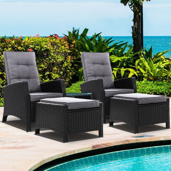 Gardeon 5Pc Recliner Chairs Table Sun Lounge Wicker Outdoor Furniture Adjustable Black Loungers