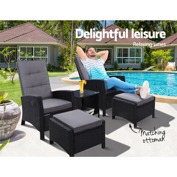 Gardeon 5Pc Recliner Chairs Table Sun Lounge Wicker Outdoor Furniture Adjustable Black Loungers