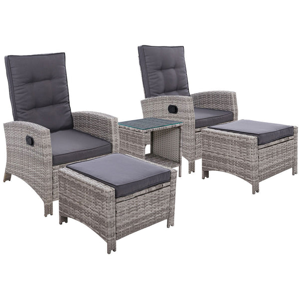 Gardeon 5Pc Recliner Chairs Table Sun Lounge Wicker Outdoor Furniture Adjustable Grey Loungers