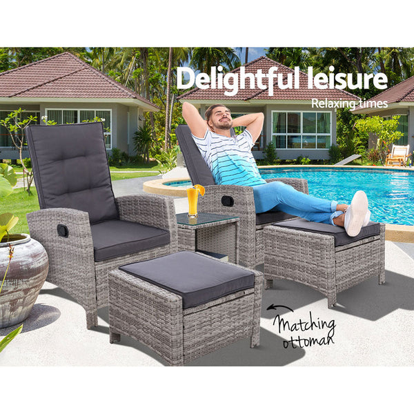 Gardeon 5Pc Recliner Chairs Table Sun Lounge Wicker Outdoor Furniture Adjustable Grey Loungers