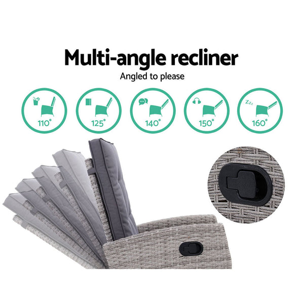 Gardeon 5Pc Recliner Chairs Table Sun Lounge Wicker Outdoor Furniture Adjustable Grey Loungers