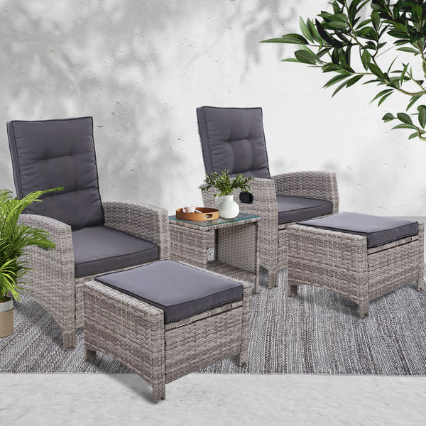 Gardeon 5Pc Recliner Chairs Table Sun Lounge Wicker Outdoor Furniture Adjustable Grey Loungers
