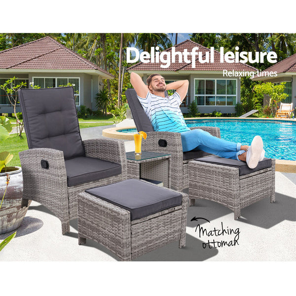 Gardeon 5Pc Recliner Chairs Table Sun Lounge Wicker Outdoor Furniture Adjustable Grey Loungers