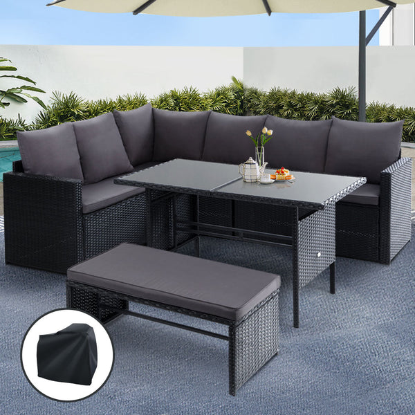 Gardeon Outdoor Dining Set Sofa Lounge Setting Chairs Table Bench Black Cover Outdoor Dining Sets