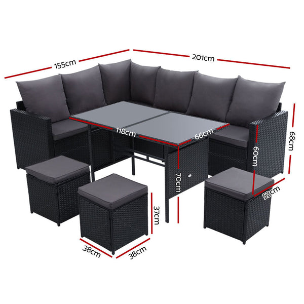 Gardeon Outdoor Furniture Dining Setting Sofa Lounge Wicker 9 Seater Black Outdoor Dining Sets