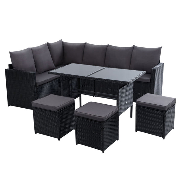 Gardeon Outdoor Furniture Dining Setting Sofa Lounge Wicker 9 Seater Black Outdoor Dining Sets