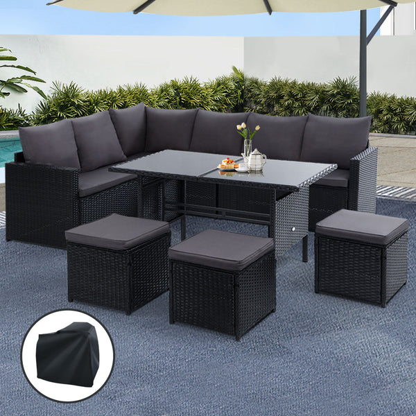 Gardeon Outdoor Dining Set Sofa Lounge Setting Chairs Table Ottoman Black Cover Outdoor Dining Sets