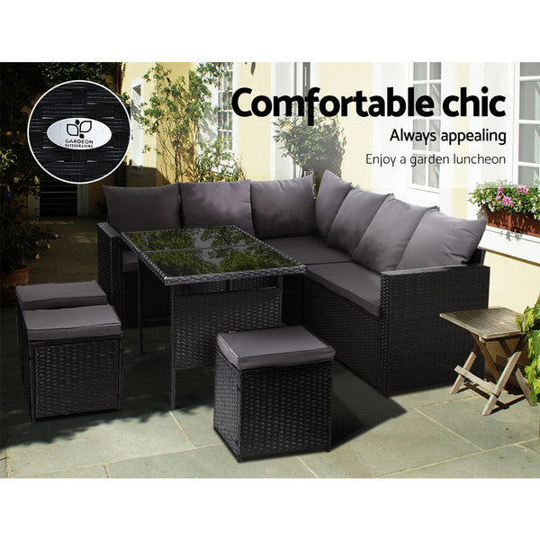 Gardeon Outdoor Dining Set Sofa Lounge Setting Chairs Table Ottoman Black Cover Outdoor Dining Sets