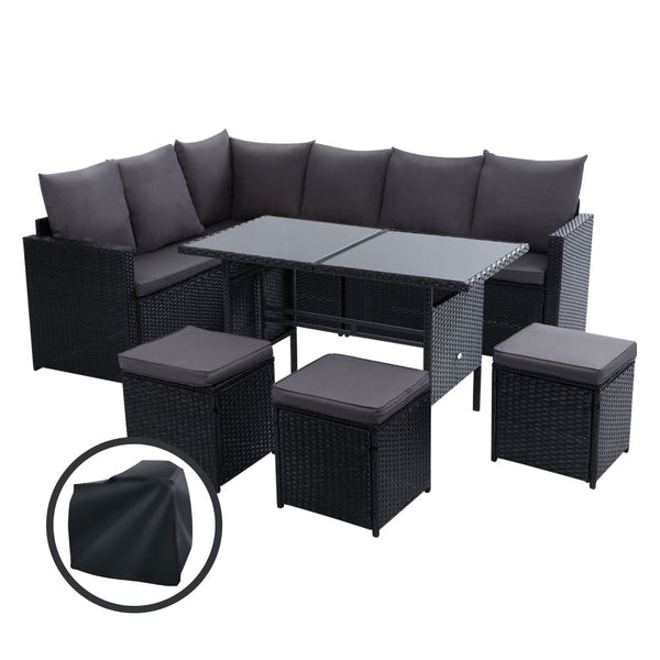 Gardeon Outdoor Dining Set Sofa Lounge Setting Chairs Table Ottoman Black Cover Outdoor Dining Sets