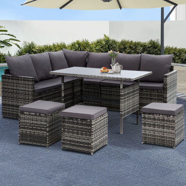 Gardeon Outdoor Furniture Dining Setting Sofa Lounge Wicker 9 Seater Mixed Grey Outdoor Dining Sets