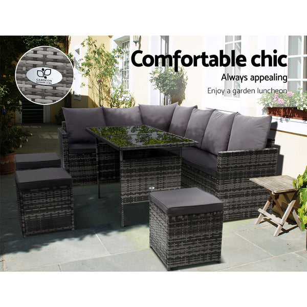 Gardeon Outdoor Furniture Dining Setting Sofa Lounge Wicker 9 Seater Mixed Grey Outdoor Dining Sets