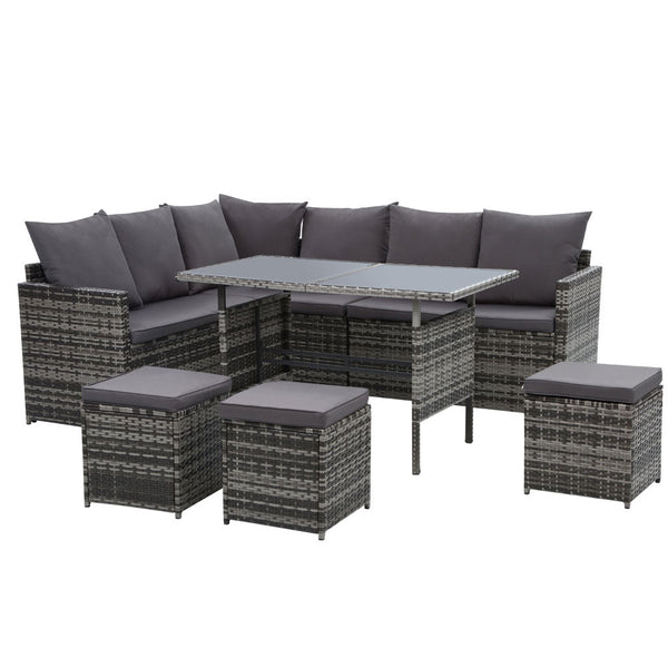 Gardeon Outdoor Furniture Dining Setting Sofa Lounge Wicker 9 Seater Mixed Grey Outdoor Dining Sets