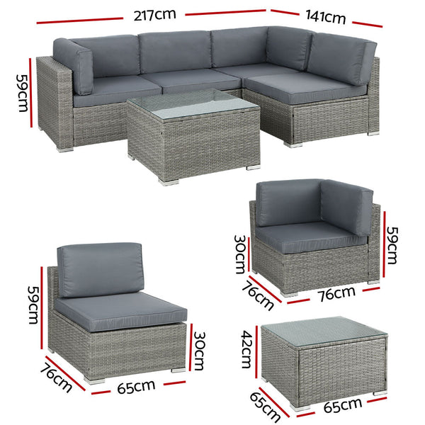 Gardeon 5 Piece Outdoor Sofa Set Wicker Couch Lounge Setting 4 Seater Grey Patio Furniture Sets