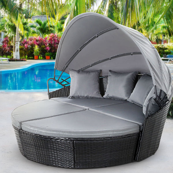 Gardeon Sun Lounge Setting Wicker Lounger Day Bed Outdoor Furniture Patio Black Loungers