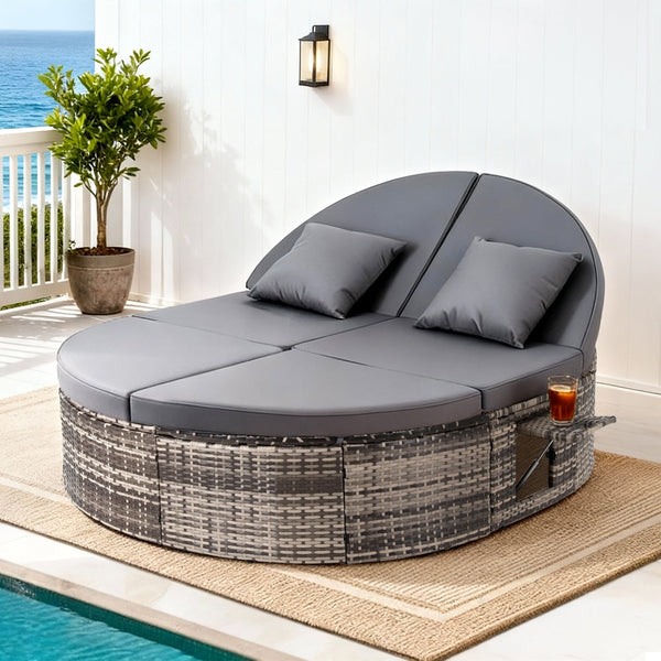 Gardeon Outdoor Day Bed Sun Lounge Setting Wicker Lounger Patio Furniture W/ Retractable Side Tray Loungers