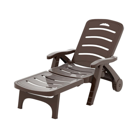 Gardeon Sun Lounger Folding Chair Wheels Patio Outdoor Furniture Brown Loungers