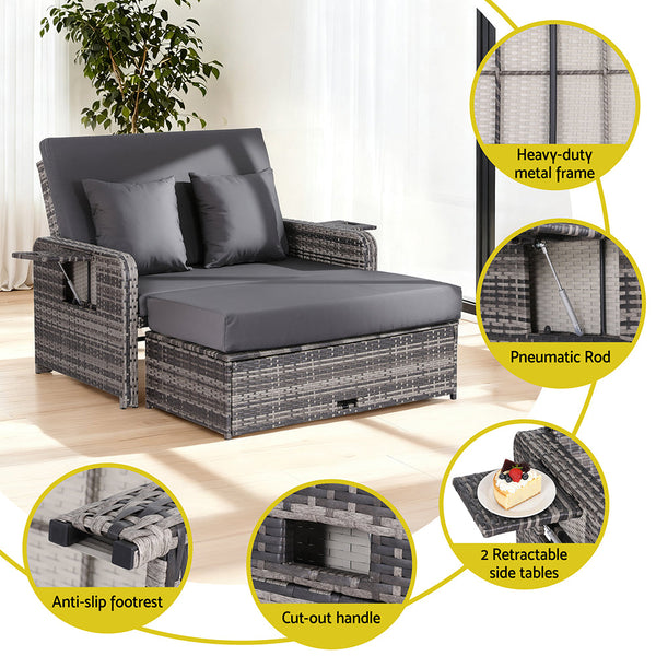 Gardeon Outdoor Day Bed Sun Lounge Setting Wicker Lounger Patio Furniture Grey Loungers